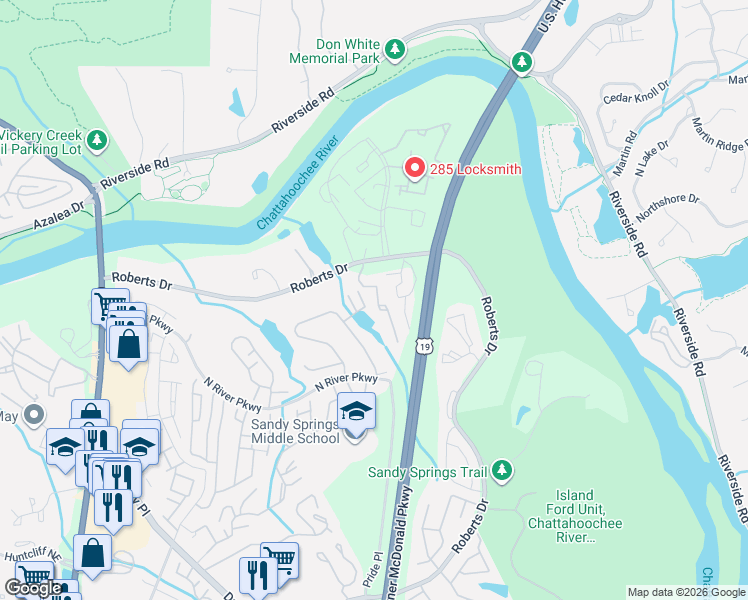 map of restaurants, bars, coffee shops, grocery stores, and more near 508 River Run Drive in Atlanta