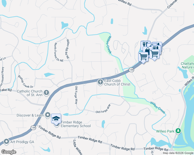 map of restaurants, bars, coffee shops, grocery stores, and more near 2184 Roswell Road in Marietta