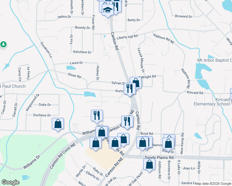 map of restaurants, bars, coffee shops, grocery stores, and more near 864 Kurtz Road in Marietta