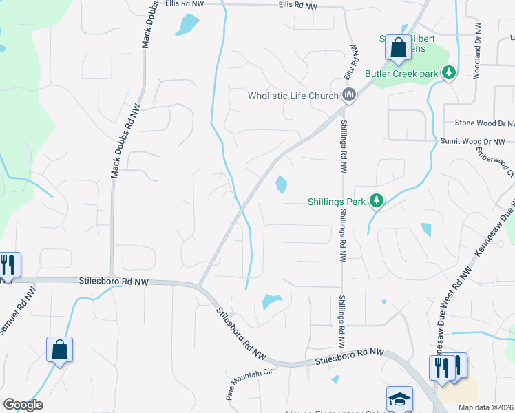 map of restaurants, bars, coffee shops, grocery stores, and more near 2015 Cobblewood Drive Northwest in Kennesaw