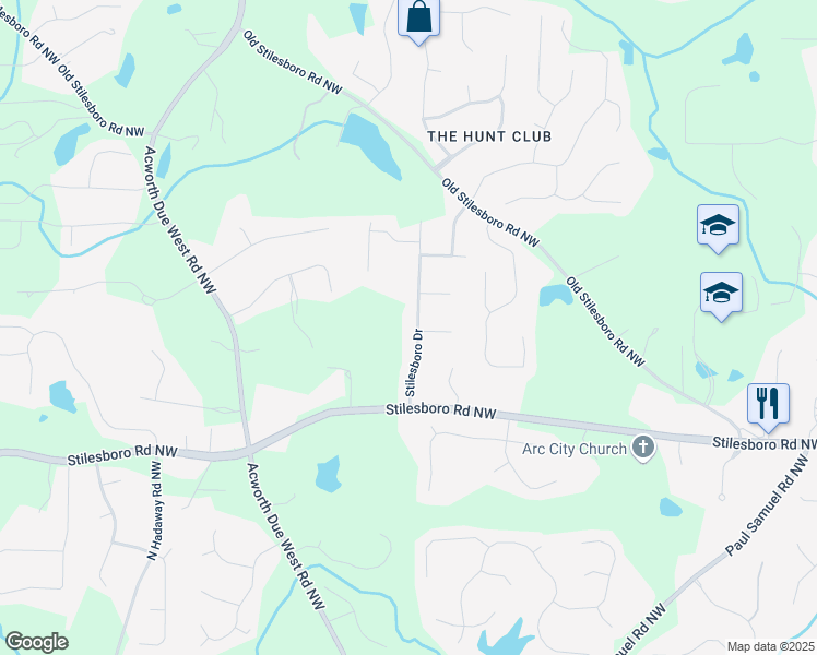 map of restaurants, bars, coffee shops, grocery stores, and more near 1965 Stilesboro Drive in Kennesaw