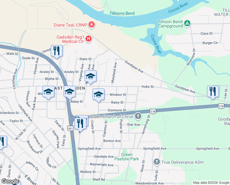 map of restaurants, bars, coffee shops, grocery stores, and more near 1120 Windsor Street in Gadsden