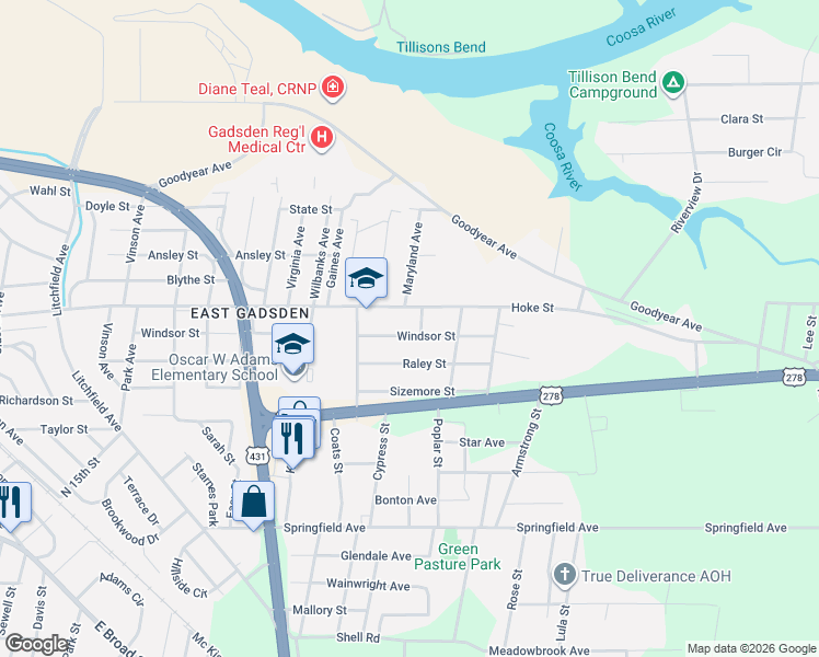 map of restaurants, bars, coffee shops, grocery stores, and more near 1120 Windsor Street in Gadsden