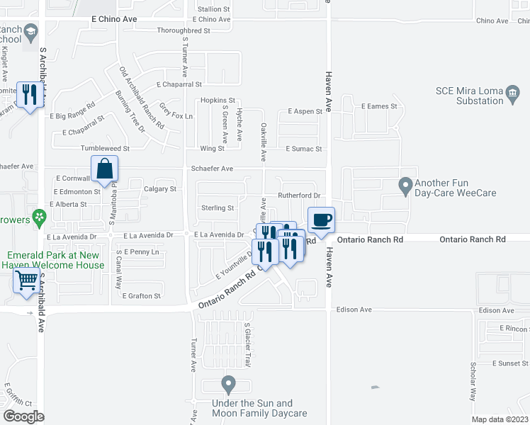 map of restaurants, bars, coffee shops, grocery stores, and more near 3917 Oakville Avenue in Ontario