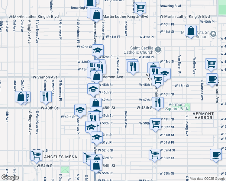 map of restaurants, bars, coffee shops, grocery stores, and more near 1587 West 46th Street in Los Angeles