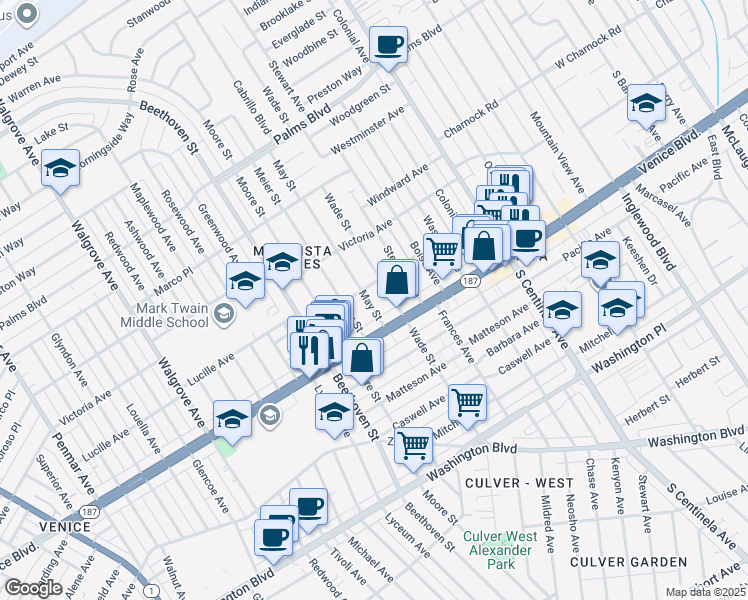map of restaurants, bars, coffee shops, grocery stores, and more near 3770 May Street in Los Angeles