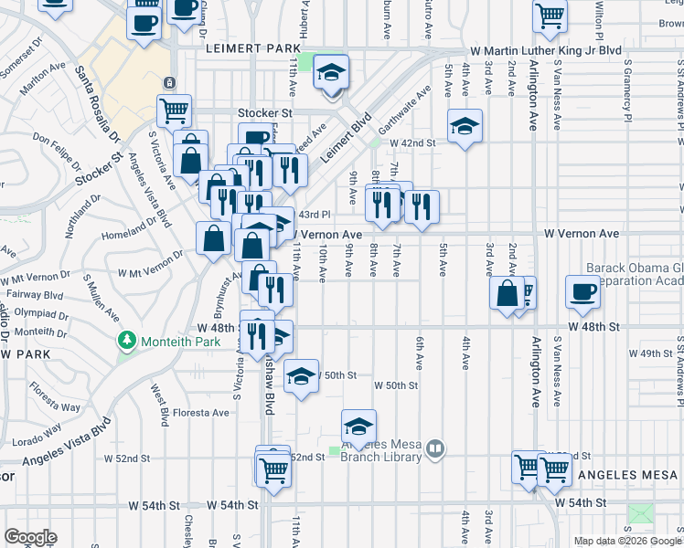 map of restaurants, bars, coffee shops, grocery stores, and more near 4519 9th Avenue in Los Angeles