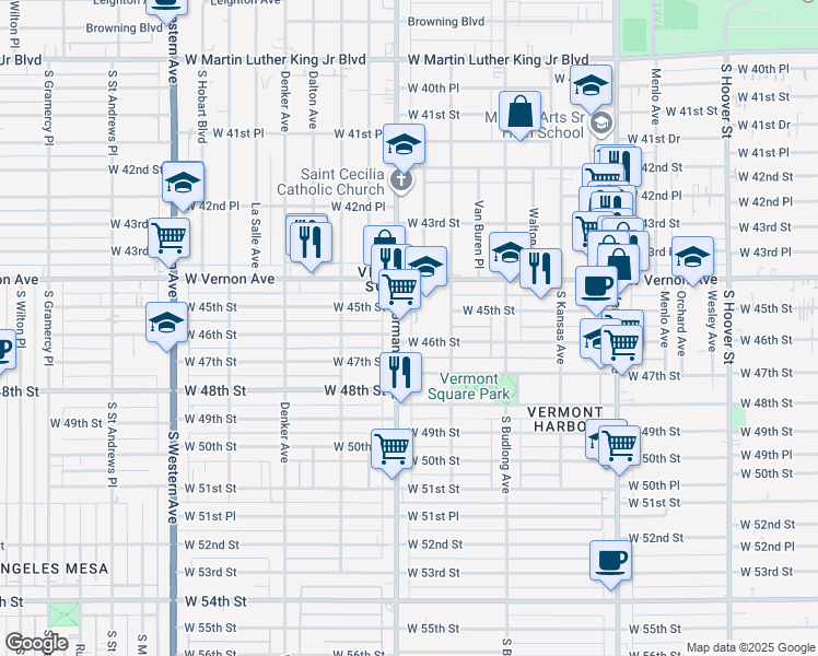 map of restaurants, bars, coffee shops, grocery stores, and more near 1327 West 46th Street in Los Angeles