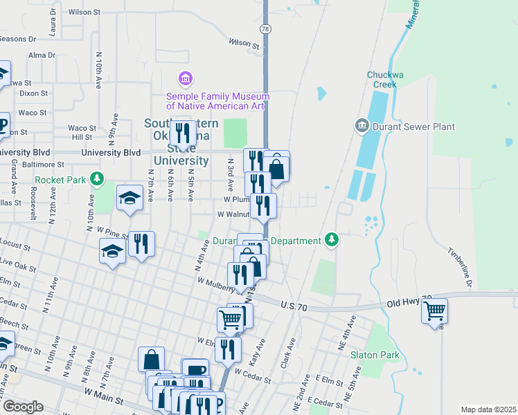 map of restaurants, bars, coffee shops, grocery stores, and more near 1223 North 1st Avenue in Durant