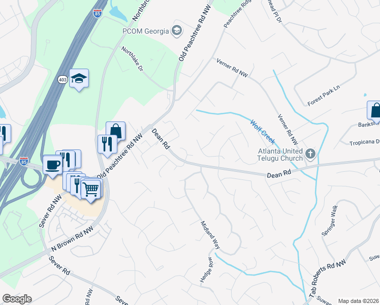 map of restaurants, bars, coffee shops, grocery stores, and more near 1075 Braymoor Drive in Lawrenceville