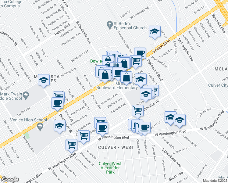 map of restaurants, bars, coffee shops, grocery stores, and more near 12422 Pacific Avenue in Los Angeles