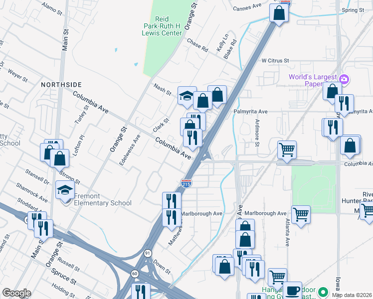 map of restaurants, bars, coffee shops, grocery stores, and more near 3189 Columbia Avenue in Riverside