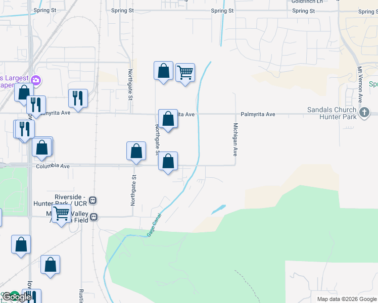 map of restaurants, bars, coffee shops, grocery stores, and more near 705 Columbia Avenue in Riverside