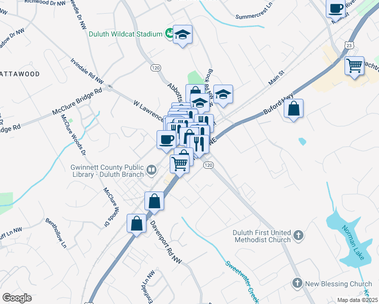 map of restaurants, bars, coffee shops, grocery stores, and more near 3509 Duluth Highway in Duluth
