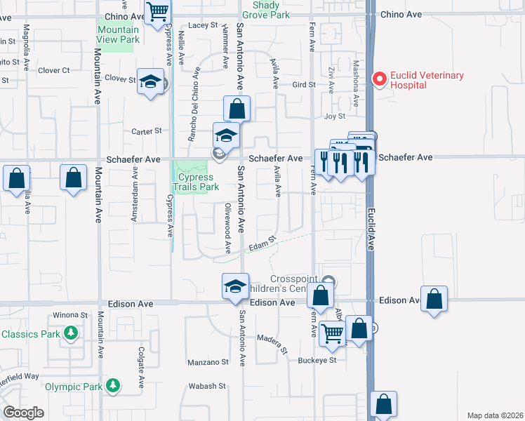 map of restaurants, bars, coffee shops, grocery stores, and more near 6760 Manzanita Street in Chino