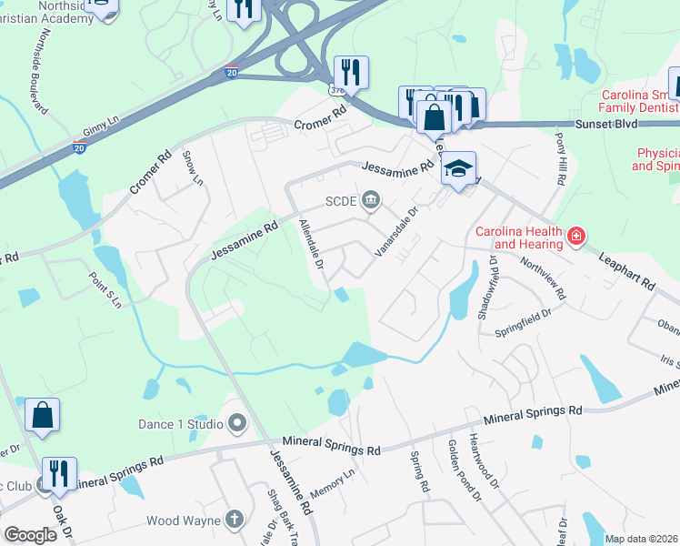 map of restaurants, bars, coffee shops, grocery stores, and more near 195 Vanarsdale Drive in West Columbia
