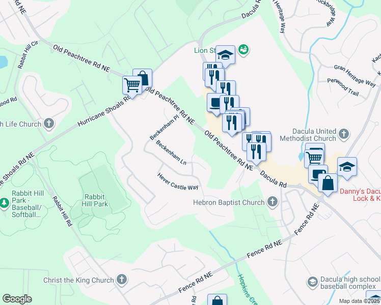 map of restaurants, bars, coffee shops, grocery stores, and more near 221 Beckenham Lane in Dacula