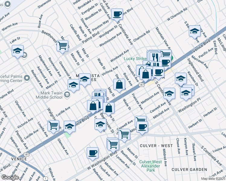 map of restaurants, bars, coffee shops, grocery stores, and more near 3770 May Street in Los Angeles