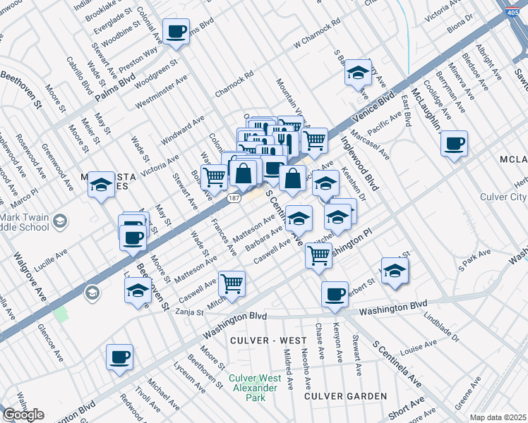 map of restaurants, bars, coffee shops, grocery stores, and more near 12422 Pacific Avenue in Los Angeles