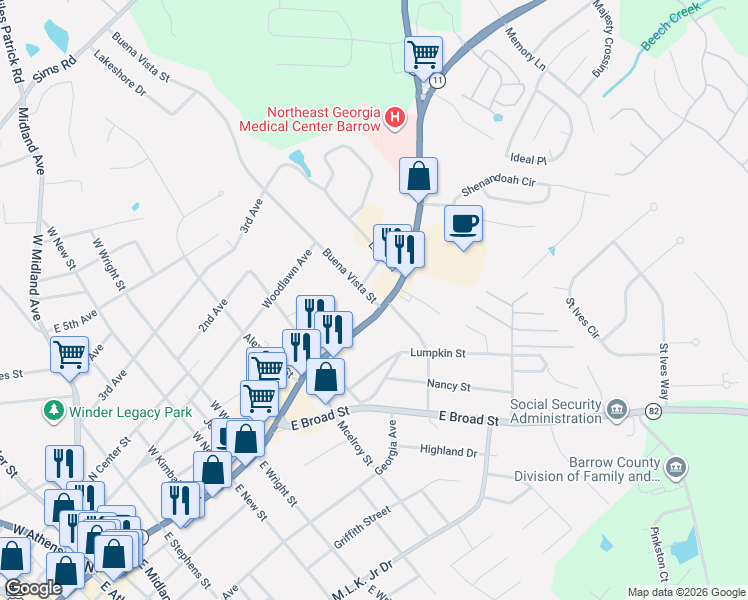 map of restaurants, bars, coffee shops, grocery stores, and more near 8 Buena Vista Street in Winder