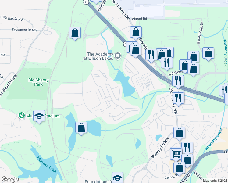 map of restaurants, bars, coffee shops, grocery stores, and more near 2074 Lakeshore Overlook Drive in Kennesaw