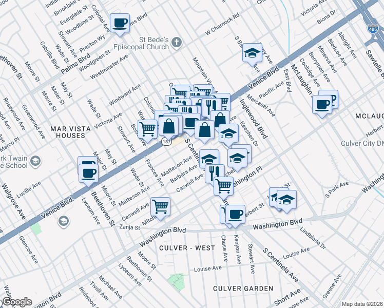 map of restaurants, bars, coffee shops, grocery stores, and more near 3901 South Centinela Avenue in Los Angeles
