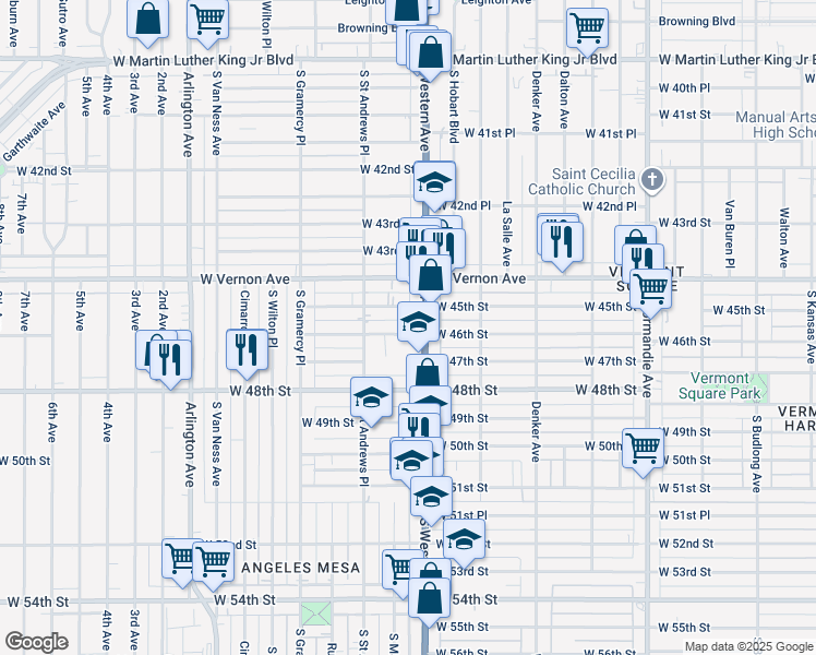 map of restaurants, bars, coffee shops, grocery stores, and more near 1717 West 46th Street in Los Angeles