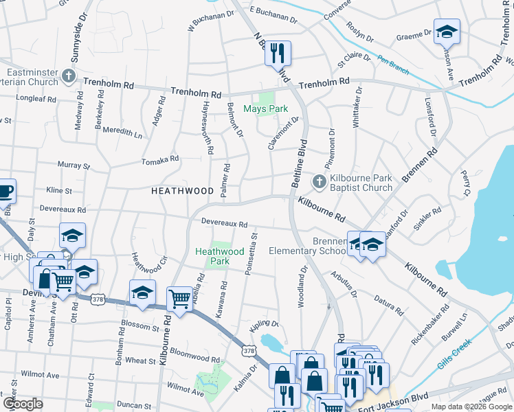 map of restaurants, bars, coffee shops, grocery stores, and more near 4008 Kilbourne Road in Columbia