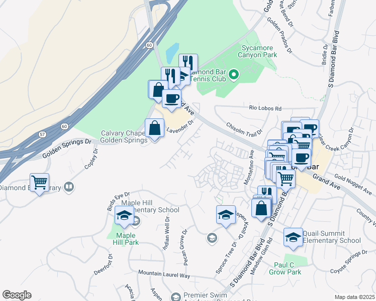 map of restaurants, bars, coffee shops, grocery stores, and more near 868 Sunset Place in Diamond Bar