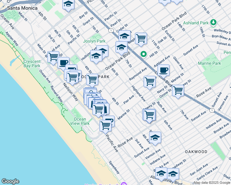map of restaurants, bars, coffee shops, grocery stores, and more near 420 Raymond Avenue in Santa Monica