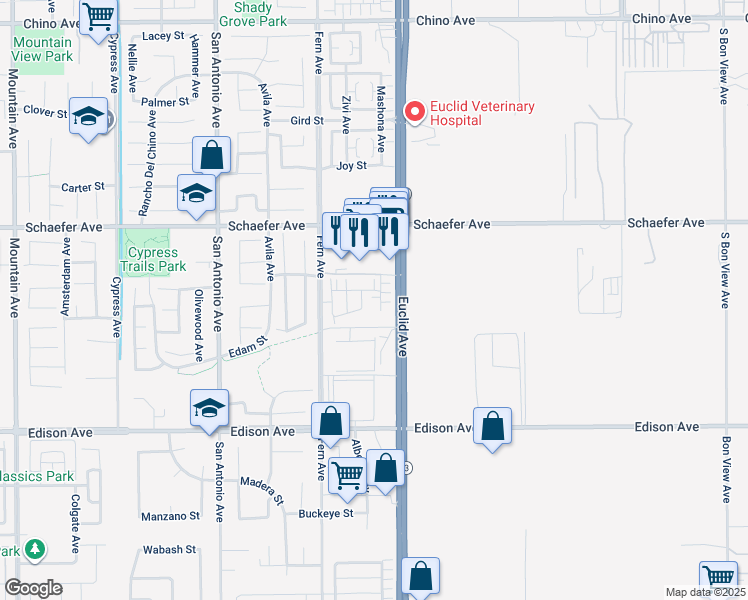 map of restaurants, bars, coffee shops, grocery stores, and more near 13846 Farmhouse Avenue in Chino