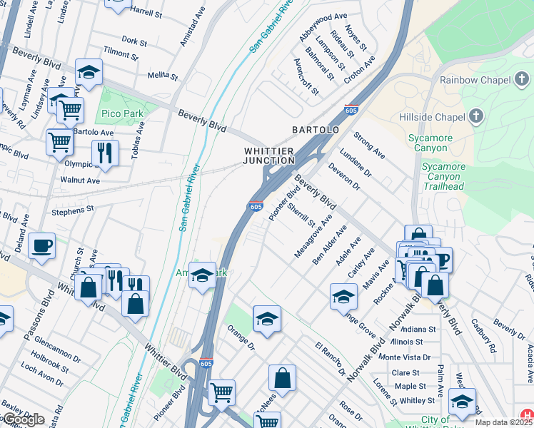 map of restaurants, bars, coffee shops, grocery stores, and more near 5509 Pioneer Boulevard in Whittier