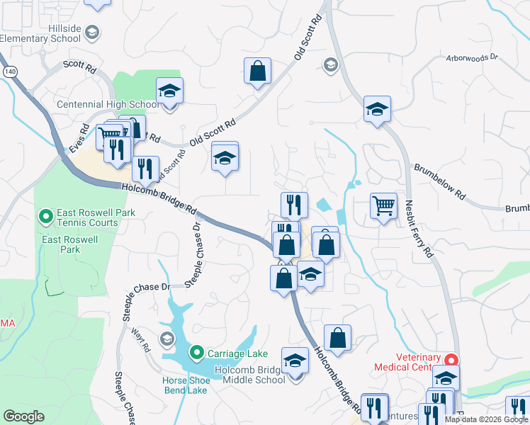 map of restaurants, bars, coffee shops, grocery stores, and more near 1048 Township Square in Alpharetta