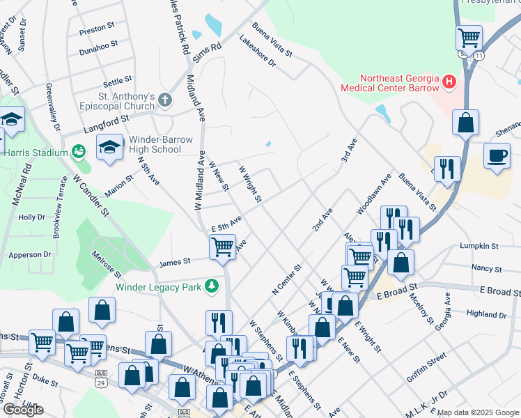 map of restaurants, bars, coffee shops, grocery stores, and more near 130 West Wright Street in Winder