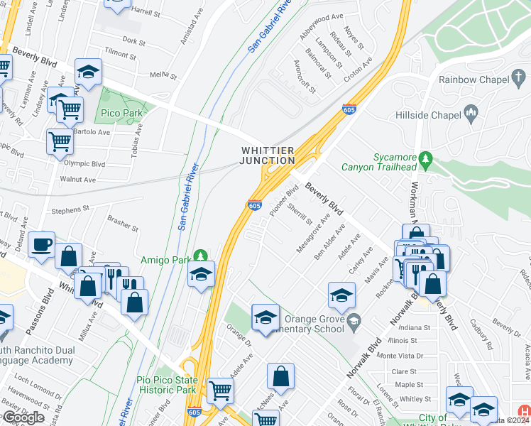 map of restaurants, bars, coffee shops, grocery stores, and more near 5503 Pioneer Boulevard in Whittier