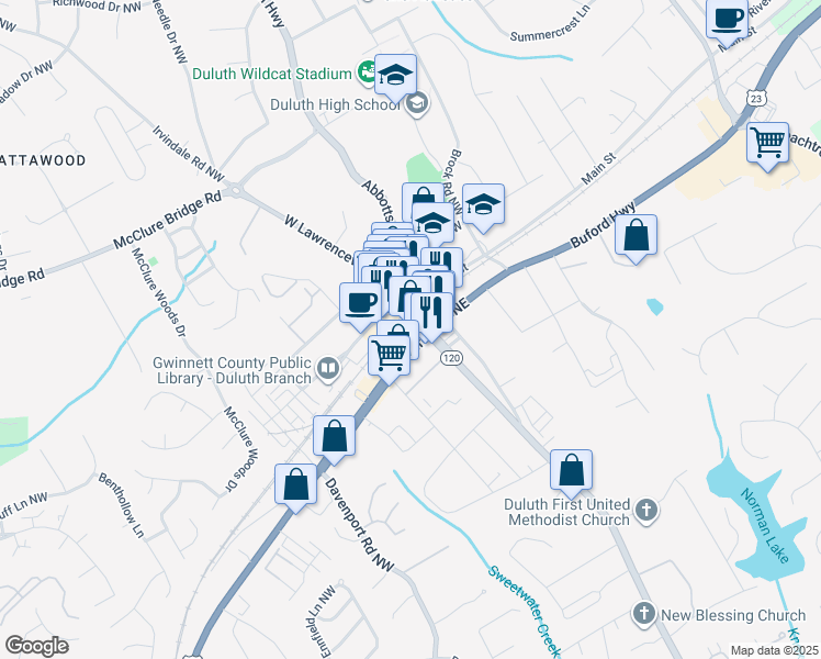 map of restaurants, bars, coffee shops, grocery stores, and more near 3509 Duluth Highway in Duluth