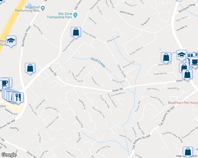 map of restaurants, bars, coffee shops, grocery stores, and more near 2312 Mahogany Glen Place in Lawrenceville