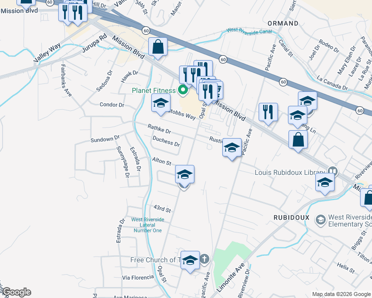 map of restaurants, bars, coffee shops, grocery stores, and more near 4041 Opal Street in Riverside