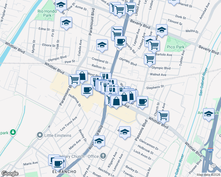 map of restaurants, bars, coffee shops, grocery stores, and more near 4918 Rosemead Boulevard in Pico Rivera
