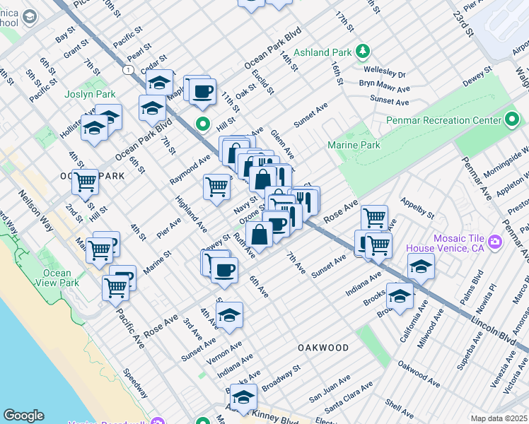 map of restaurants, bars, coffee shops, grocery stores, and more near 754 Ozone Street in Santa Monica