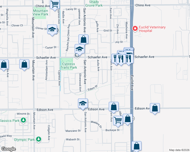 map of restaurants, bars, coffee shops, grocery stores, and more near 6760 Manzanita Street in Chino