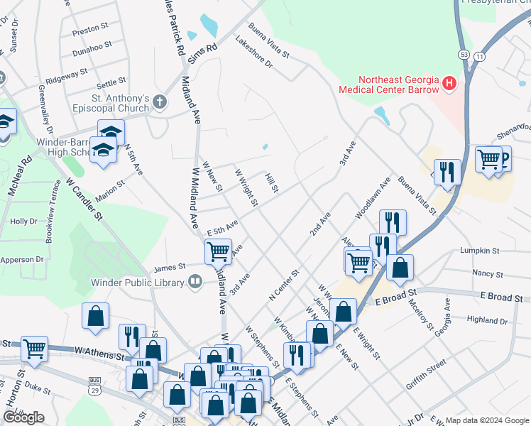 map of restaurants, bars, coffee shops, grocery stores, and more near 129 West Wright Street in Winder