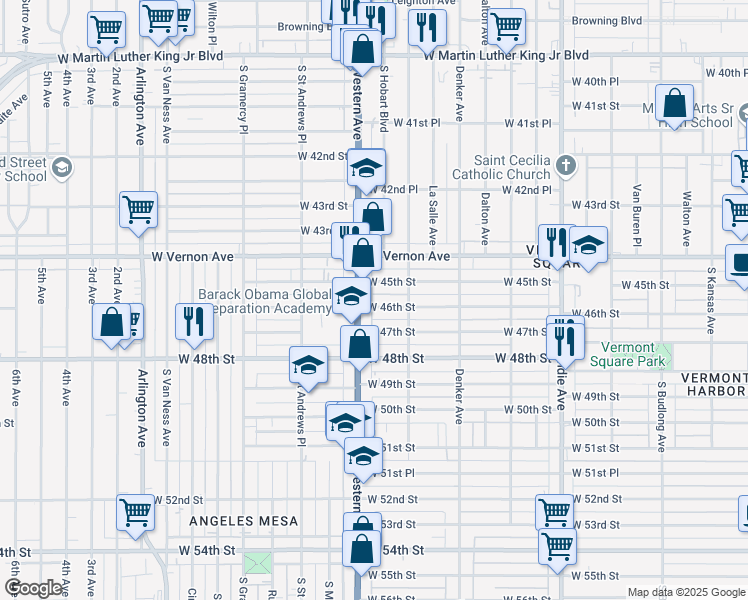 map of restaurants, bars, coffee shops, grocery stores, and more near 1643 West 46th Street in Los Angeles
