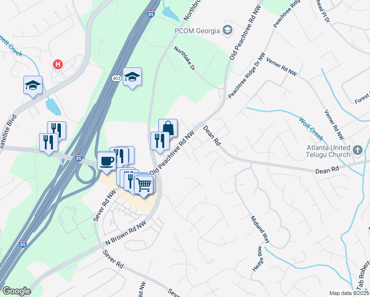 map of restaurants, bars, coffee shops, grocery stores, and more near 2709 Heathrow Drive in Lawrenceville