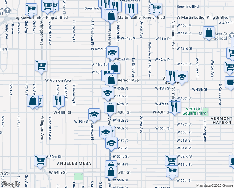 map of restaurants, bars, coffee shops, grocery stores, and more near 1633 West 46th Street in Los Angeles