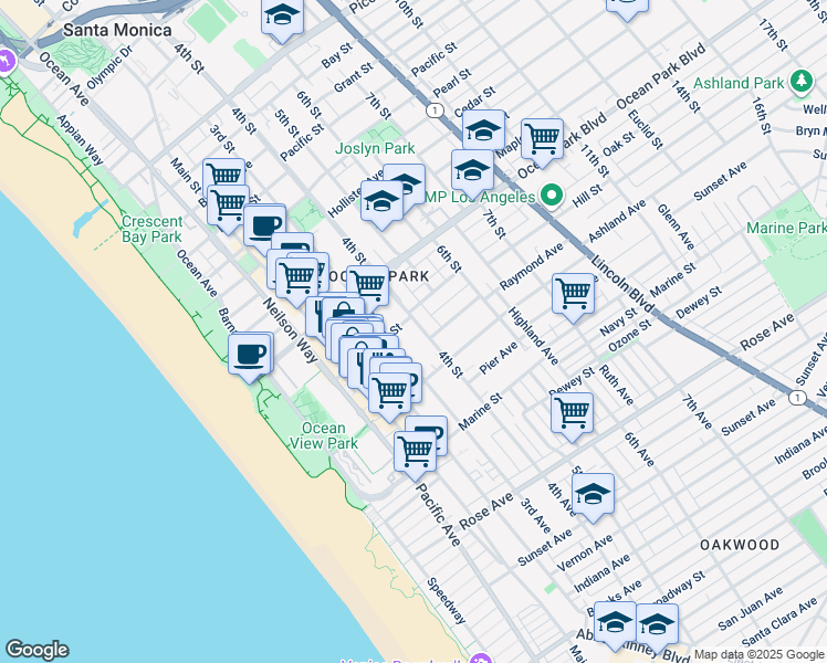 map of restaurants, bars, coffee shops, grocery stores, and more near 2714 4th Street in Santa Monica