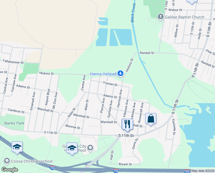 map of restaurants, bars, coffee shops, grocery stores, and more near 1406 Pierce Avenue in Gadsden