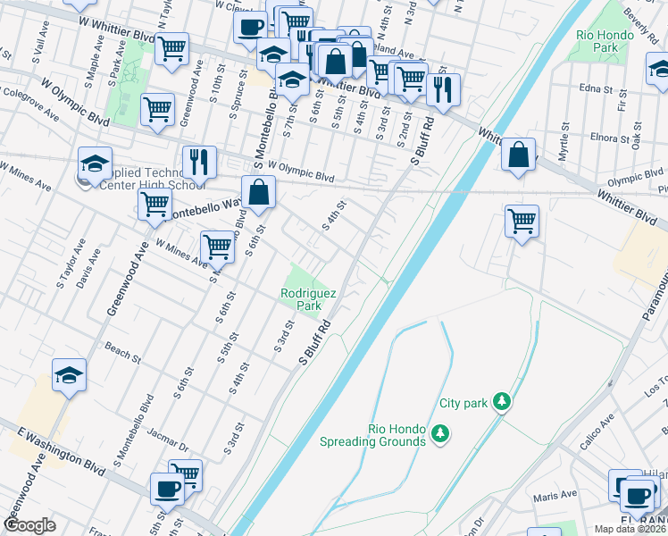 map of restaurants, bars, coffee shops, grocery stores, and more near 420 S 3rd St in Montebello