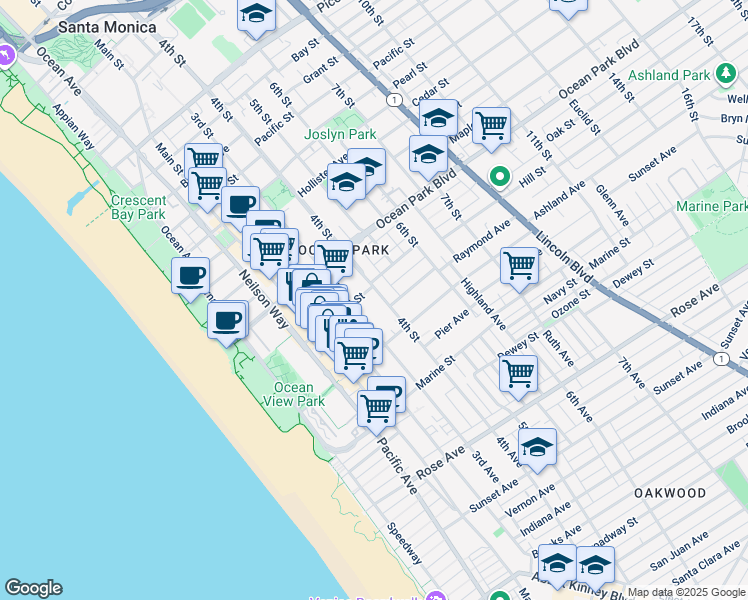 map of restaurants, bars, coffee shops, grocery stores, and more near 2714 4th Street in Santa Monica