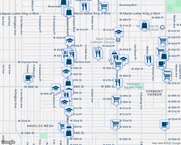 map of restaurants, bars, coffee shops, grocery stores, and more near 1541 West 46th Street in Los Angeles